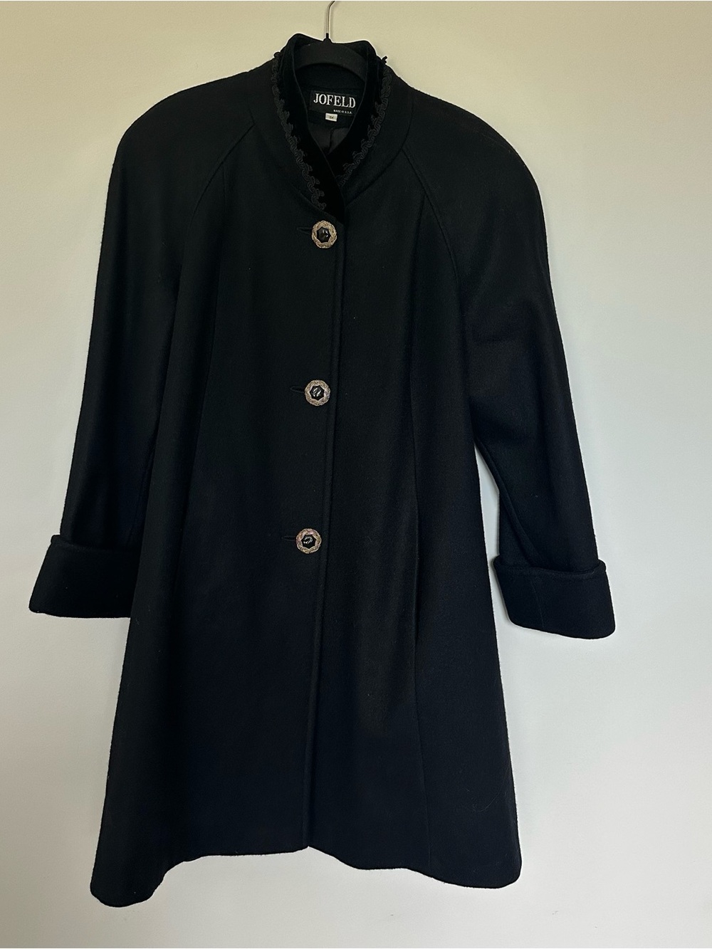 Jofeld Black Wool Blend Winter Coat Button Front Folded Cuff Warm Minimalist 1X
